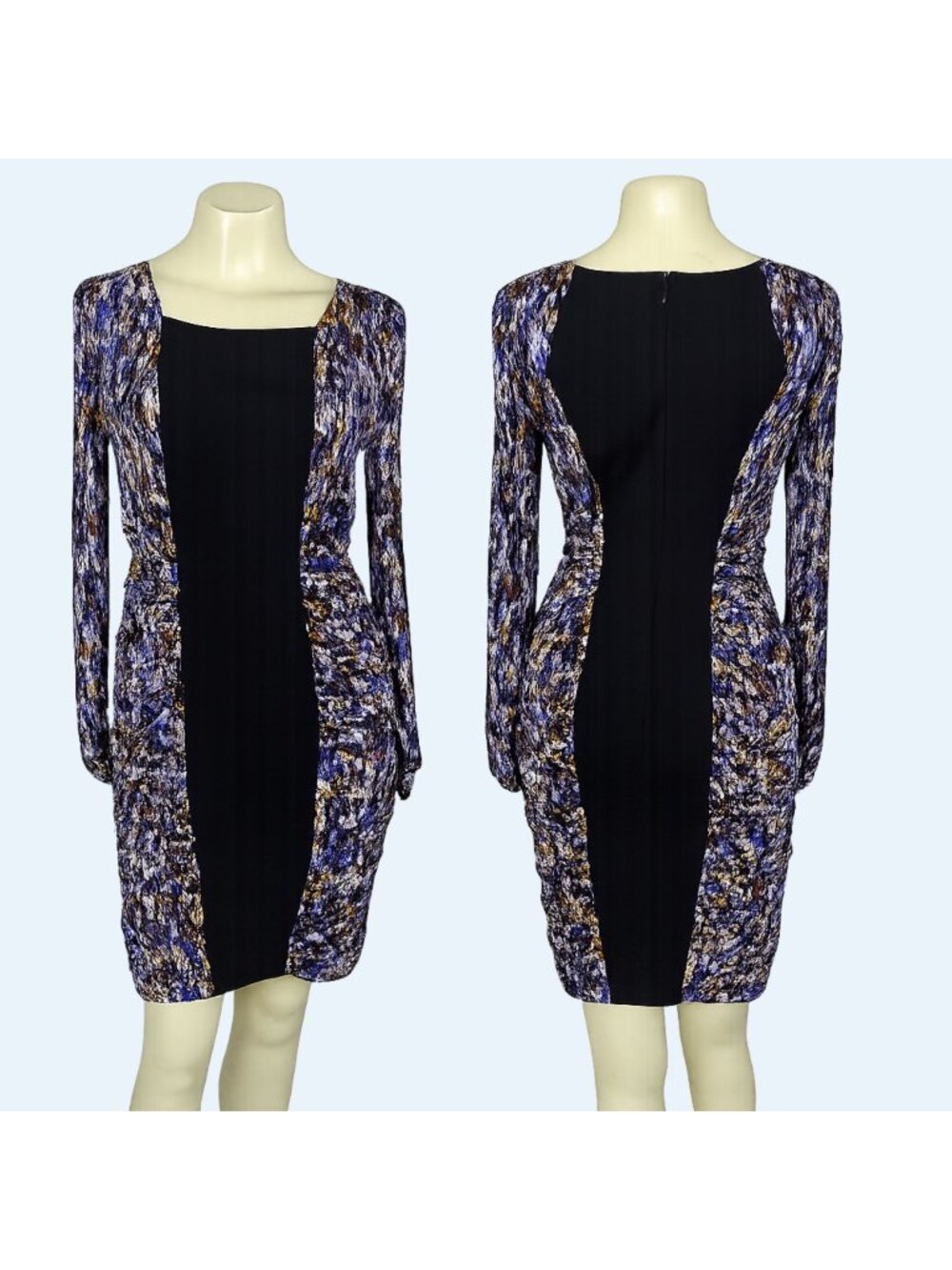 BCBGMAXAZRIA Dress Womens M Geometric Blue Brown Bodycon Ruched Stretch Long Sle